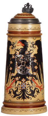 Mettlach stein, 1.0L, 2204, decorated relief, inlaid lid, mint.