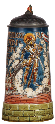 Mettlach stein, 1.0L, 1786, etched & glazed, inlaid lid, St. Florian, repaired thumblift.