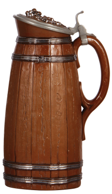 Mettlach stein, 14.0'' ht., unmarked 690, relief, early ware, barrel design, inlaid lid, mint.