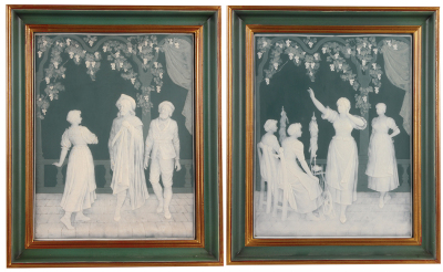 Pair Mettlach plaques, 12.0" x 15.5", new frames, 14.2" x 17.2", 7046 & 7047, phanolith, by Stahl, rare, mint. 