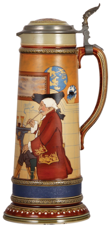 Mettlach stein, 2.5L, 15.8" ht., 2751, etched, by H. Schlitt, inlaid lid, mint.