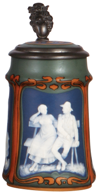 Mettlach stein, .5L, 2754, cameo, by Stahl, inlaid lid, mint.