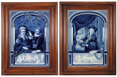 Pair Mettlach plaques, 25.0" x 32.5" with frames, 5230/2275 & 523/2274, Delft & relief, rare to find a matched pair, mint.
