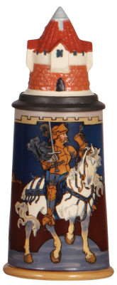 Mettlach stein, .5L, 2765, etched, by H. Schlitt, Knight on the White Horse stein, inlaid lid, mint.