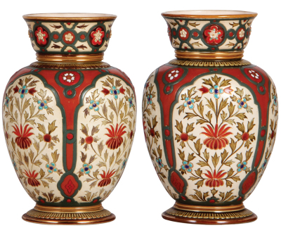Pair Mettlach vases, 8.4" ht., 2060, mosaic, both mint.