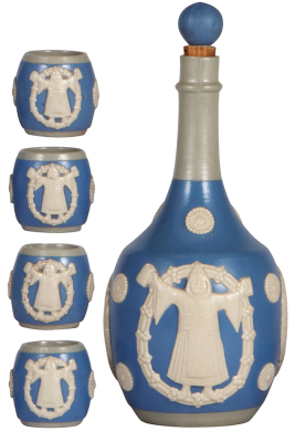 Mettlach bottle set, bottle, 9.7" ht., marked Wekara, #3506, relief, original stopper; with, four mugs, 1/32L, 1.9" ht., 3507, relief, all mint.