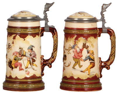 Two Mettlach steins, .3L, 966 [2183] & 967 [2183], inlaid lids, mint.