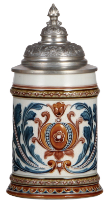 Mettlach stein, .5L, 1539, mosaic, pewter lid, pewter strap repaired, body mint.