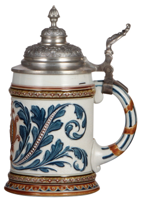 Mettlach stein, .5L, 1539, mosaic, pewter lid, pewter strap repaired, body mint. - 2