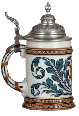 Mettlach stein, .5L, 1539, mosaic, pewter lid, pewter strap repaired, body mint. - 3