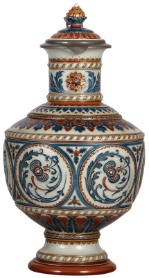 Mettlach stein, 4.0L, 15.5" ht., 1540, mosaic, inlaid lid, mint.