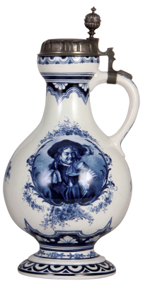 Mettlach stein, 5.0L, 18.5" ht., 5192, Delft, pewter lid, excellent  thumblift repair, body mint. 