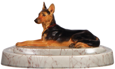 Villeroy & Boch Dresden pen rest, 5.1" x 9.3", #1918, German Shepherd, chip on underside edge of base.