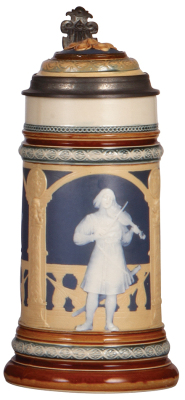 Mettlach stein, 1.0L, 2131, cameo, inlaid lid, by Stahl, mint.