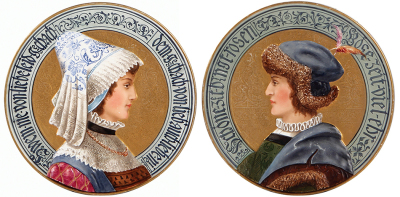Pair Villeroy & Boch Dresden plaques, 9.1" d. 778 & 783, decorated relief, hand-painted, mint.