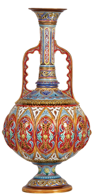 Mettlach vase, 14.5" ht., 1202, mosaic, very unusual decor, rare, breaks glued.