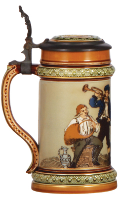Mettlach stein, .5L, 1471, etched, inlaid lid, mint. - 3