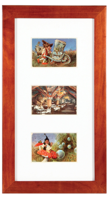 Three Heinrich Schlitt postcards, matted and framed, 12.7" x 22.7", frame is modern, postcards are original c.1900, dwarfs, Rathaus Keller München, very good condition.