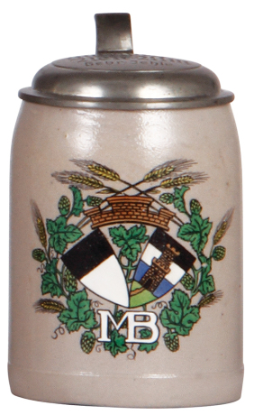 Stoneware stein, .5L, transfer & hand-painted, Marlbräu, Neu-Ulm, impressed pewter lid, missing center hinge ring, body mint.