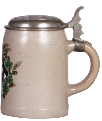 Stoneware stein, .5L, transfer & hand-painted, Marlbräu, Neu-Ulm, impressed pewter lid, missing center hinge ring, body mint. - 2