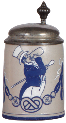 Stoneware stein, .5L, transfer & hand-painted, Uncle Sam, pewter lid, mint.