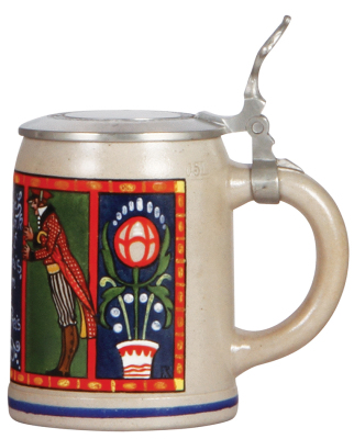 Stoneware stein, .5L, transfer & hand-painted, by F. Ringer, pewter lid, mint. - 2