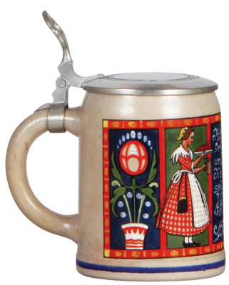 Stoneware stein, .5L, transfer & hand-painted, by F. Ringer, pewter lid, mint. - 3