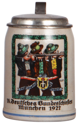 Stoneware stein, .5L, transfer & hand-painted, 18. Deutsches Bundesschiessen München 1927, pewter lid, mint.