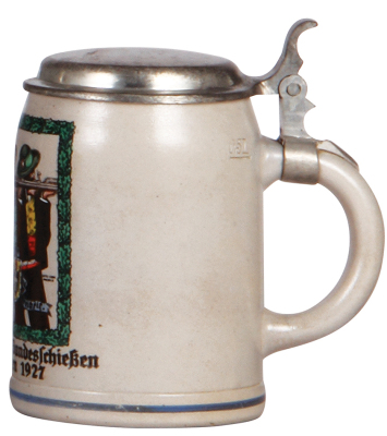 Stoneware stein, .5L, transfer & hand-painted, 18. Deutsches Bundesschiessen München 1927, pewter lid, mint. - 2