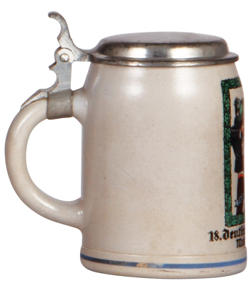 Stoneware stein, .5L, transfer & hand-painted, 18. Deutsches Bundesschiessen München 1927, pewter lid, mint. - 3