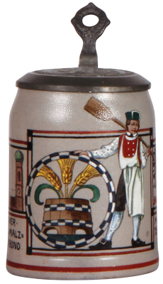 Stoneware stein, .5L, transfer & enameled, Deutscher Brau u. Malz Meisterbund, München, 12. - 15. Juni 1909, relief pewter lid: Munich Child, pewter strap repaired, body mint.