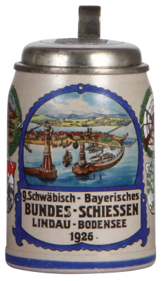 Stoneware stein, .5L, transfer & hand-painted, 9. Schwäbisch-Bayerisches Bundes-Schiessen, Lindau-Bodensee 1926, pewter lid, mint.