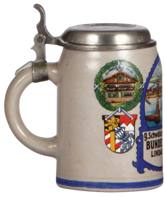 Stoneware stein, .5L, transfer & hand-painted, 9. Schwäbisch-Bayerisches Bundes-Schiessen, Lindau-Bodensee 1926, pewter lid, mint. - 3