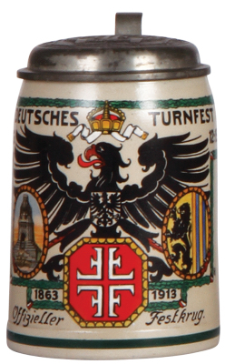 Stoneware stein, .5L, transfer & hand-painted, XII. Deutsches Turnfest, Leipzig, 1863 - 1913, pewter lid, mint.