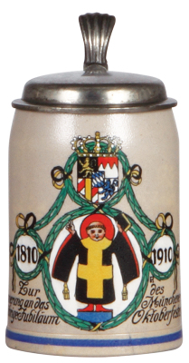 Stoneware stein, .5L, transfer & hand-painted, marked Offizieller Festkrug Oktoberfest 1910, Jubiläum des Münchener - Oktoberfestes, 1810 - 1910, signed F. Ringer, pewter lid, mint.