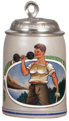 Stoneware stein, .5L, transfer & hand-painted, weight lifter, relief pewter lid: 4F, mint.