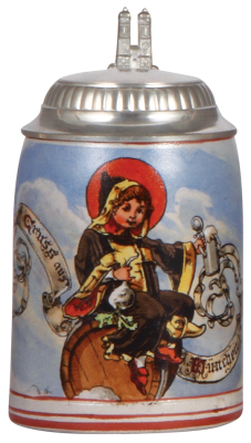 Stoneware stein, .5L, transfer & hand-painted, marked Pauson München, Münchener Kindl, pewter lid, mint.