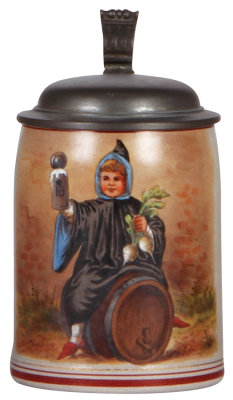 Stoneware stein, .5L, transfer & hand-painted, marked Pauson München, Münchener Kindl, pewter lid, mint.