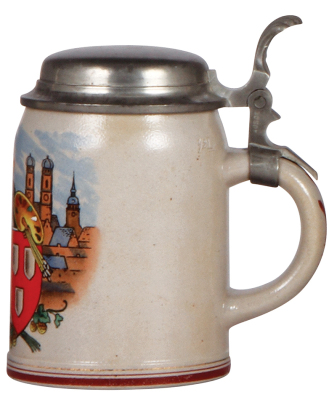 Stoneware stein, .5L, transfer & hand-painted, marked Pauson München, Münchener Kindl, pewter lid, mint. - 2