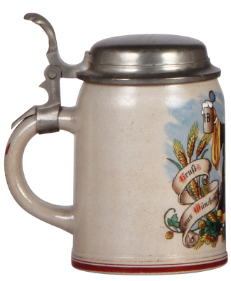 Stoneware stein, .5L, transfer & hand-painted, marked Pauson München, Münchener Kindl, pewter lid, mint. - 3