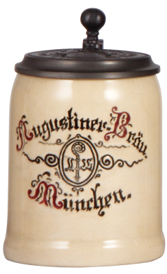 Pottery stein, .4L, incised, marked K Original Lerchen, Handarbeit, modern, Augustiner-Bräu München, matching pewter lid, mint.
