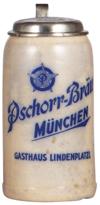 Stoneware stein, 1.0L, transfer, Pschorr-Bräu, München, Gasthaus Lindenplatzl, impressed pewter lid: Lindenplatzl #203, small chip on base, flake top rim.