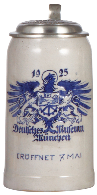 Stoneware stein, 1.0L, impressed & relief, marked KW, Deutsches Museum, München, Eröffnet 7. Mai 1925, relief pewter lid: Wagner Bräu, München, mint.