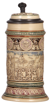 Pottery stein, .5L, relief, marked 300, Anti-Semitic scenes, inlaid lid, rare, a couple of small flaws on the upper band. 