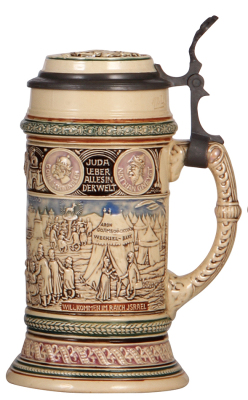 Pottery stein, .5L, relief, marked 300, Anti-Semitic scenes, inlaid lid, rare, a couple of small flaws on the upper band.  - 2