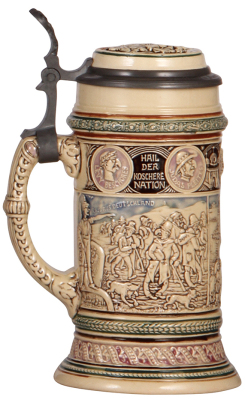 Pottery stein, .5L, relief, marked 300, Anti-Semitic scenes, inlaid lid, rare, a couple of small flaws on the upper band.  - 3