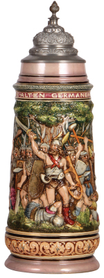 Pottery stein, 3.0L, 15.3" ht., relief, marked 58, Die alten Germanen, pewter lid, good condition. 