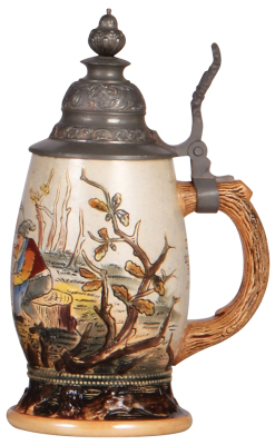 Pottery stein, .5L, etched, marked M. & W. Gr., 1175B, pewter lid, finial glued, two hairlines. - 2