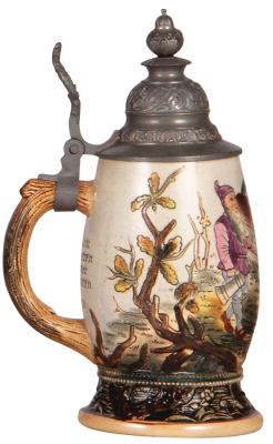Pottery stein, .5L, etched, marked M. & W. Gr., 1175B, pewter lid, finial glued, two hairlines. - 3