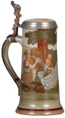 Pottery stein, .5L, etched, marked 1618, by Marzi & Remy, inlaid lid, mint.